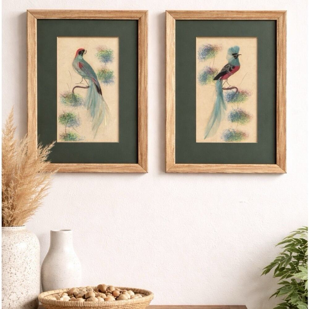 Pair Mid Century Decorative Feather Art Panels Exotic Birds Boho Tropical 8x10